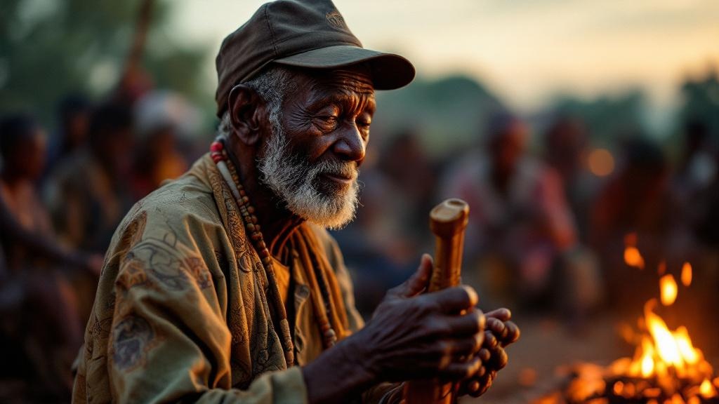 West African griot musician playing kora by firelight