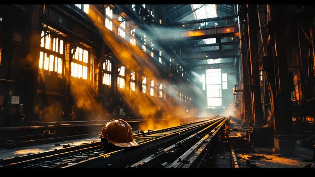 Abandoned steel mill interior with shafts of golden light